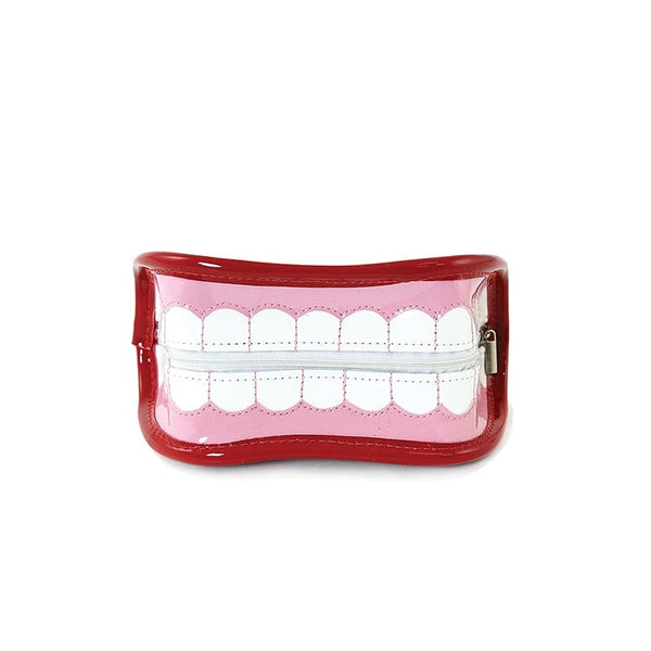 6.5" wide grinning mouth shaped patent vinyl novelty coin purse with interior red faux suede foldable "tongue" zip closure pouch