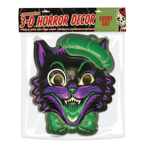 Ghoulsville black, purple, and glitter-y green "Lucky Cat" in a hat vacu-form plastic wall decor mask