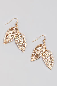pair shiny gold metal ovate leaves dangle earrings