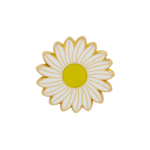 "She Loves Me" white yellow daisy enameled gold metal clutch back pin