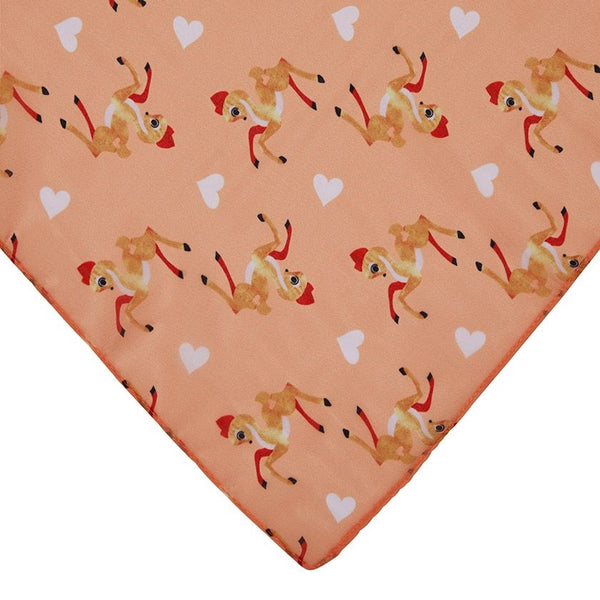 27" square semi-sheer tan background "Little Lockhart" allover prancing deer print scarf