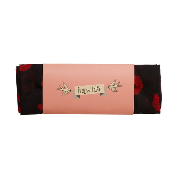 27" square semi-sheer ""Poppy Field" allover red flower print black background scarf