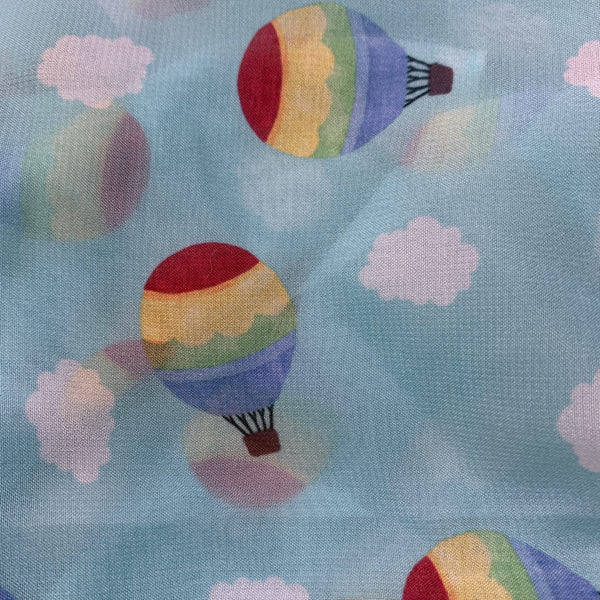 27" square semi-sheer blue skies background "Up in the Clouds" allover hot air balloons white clouds print scarf