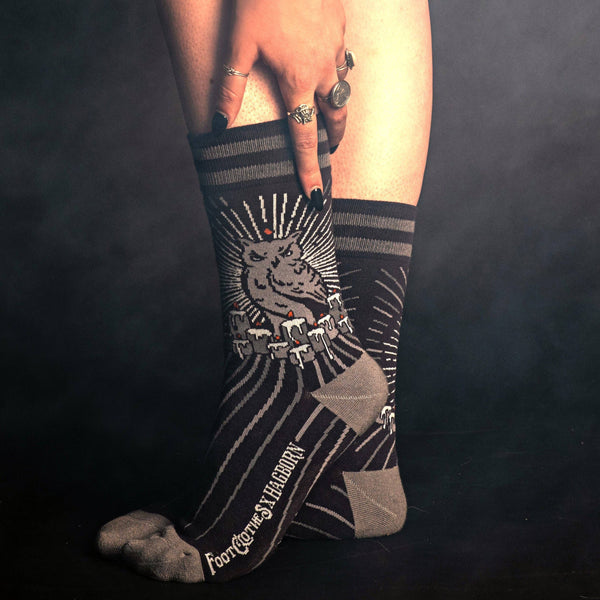 Night Owl black with grey soft stretch cotton blend crew socks, shown on model