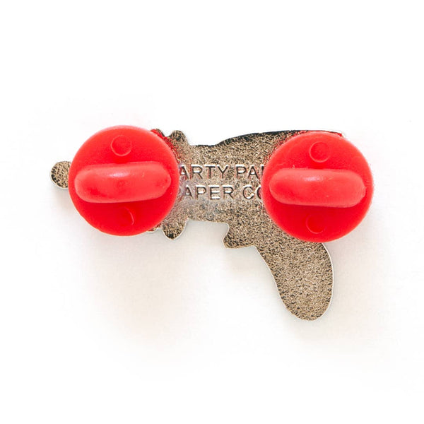 yellow ray gun emblazoned with red electricity bolt enameled silver metal lapel pin, shown back view