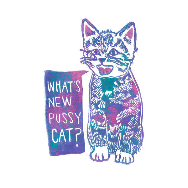 4.25" x 5.5" card What's New Pussycat? speech bubble text blue purple pink sitting kitten stamped image white background close up