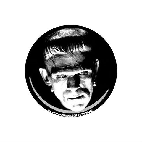 black and white photo image of Boris Karloff in his most famous role as Frankenstein's Monster on a 1.25" round metal pinback button