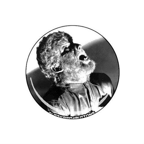 black and white photo portrait image of Lon Chaney as the Wolf Man howling on a 1.25" round metal pinback button