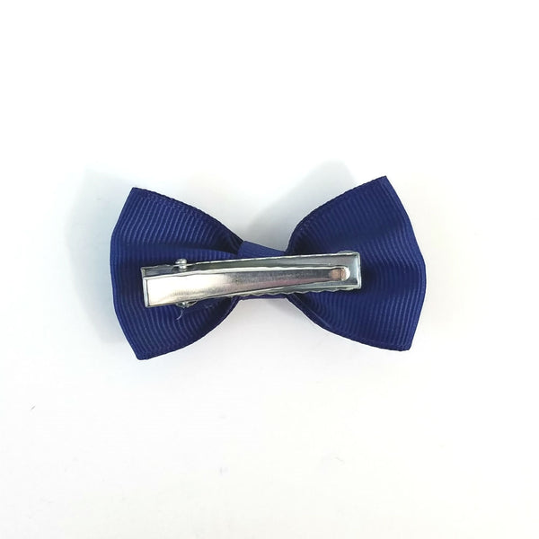 2 1/4" x 1 1/2" bow hair clip in dark navy blue grosgrain ribbon with 2 1/4" gator clip fastener