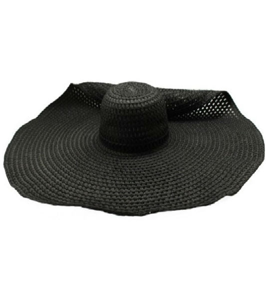 9.5" wide broad wired brim openwork woven paper over black net floppy black sun hat, shown with partially rolled brim