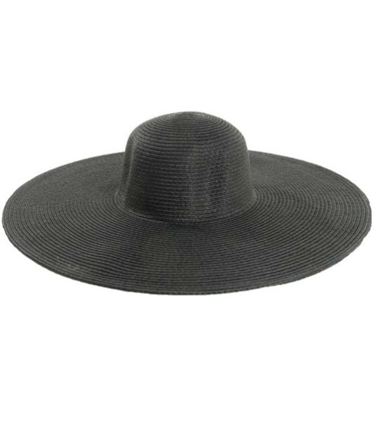 5.5" wide broad wired brim woven Toyo straw floppy black sun hat