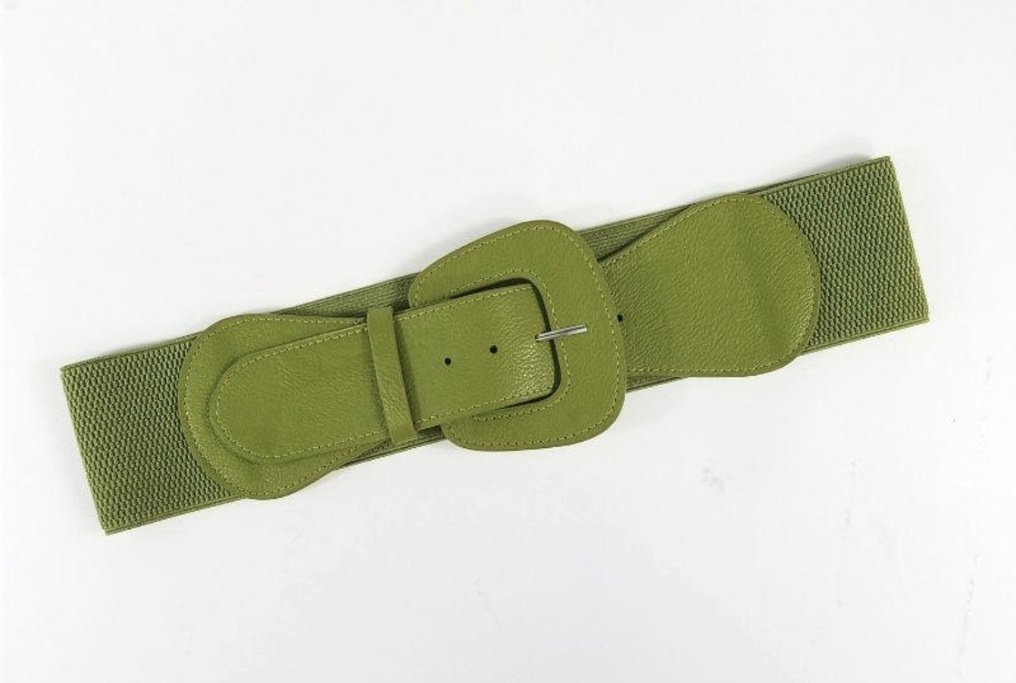 Faux Leather Stretch Belt in Olive Green