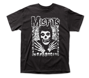 Misfits "I Want Your Skulls" white illustrated graphic print on black cotton men's sizing t-shirt, shown flatlay