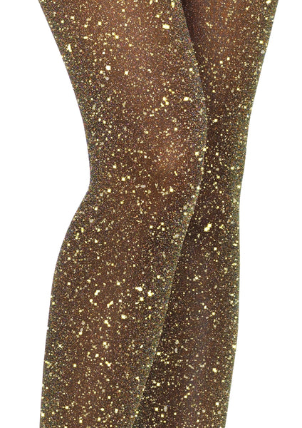 sparkly black with gold glitter Lurex semi-opaque tights, shown on model close up