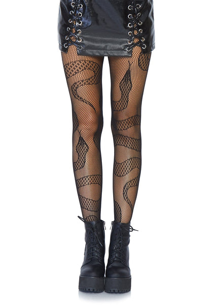 black fishnet pantyhose with large scale twining snake pattern, shown on model