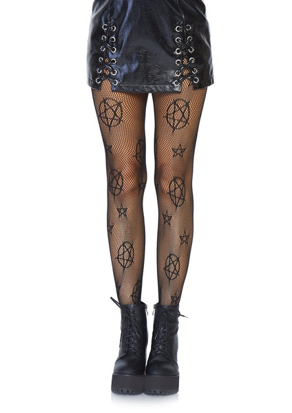 Black fishnet pantyhose with allover woven-in pentagram and pentacle pattern, shown on model
