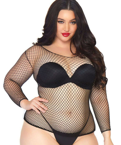 plus size wide neck 3/4 sleeve fitted black fishnet top, shown on model