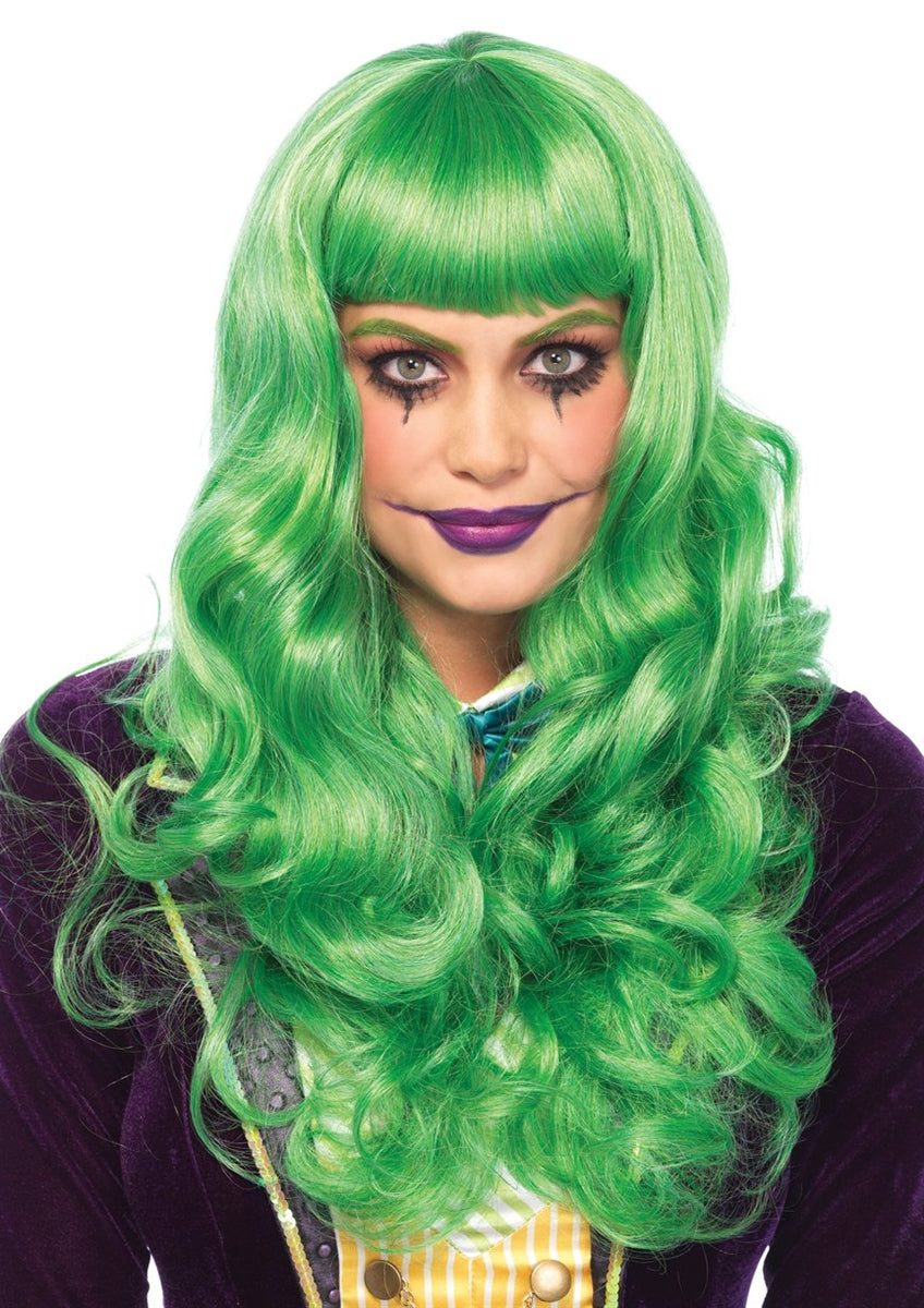 24" length wavy bright green wig with straight heavy bangs, shown on model