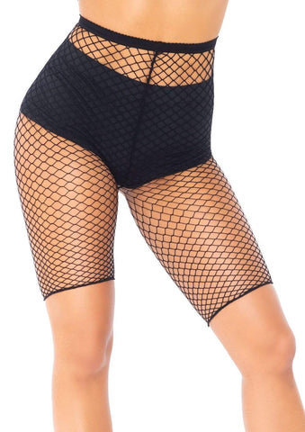 black "Industrial" fishnets in a bike shorts length, shown on model