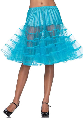 26" length fluffy layered tulle crinoline petticoat in turquoise, shown on model