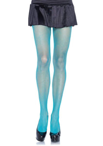 neon blue fishnet pantyhose, shown on model