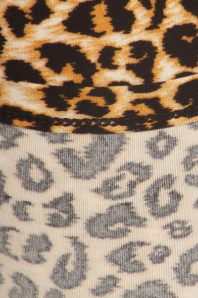 high-waisted brushed fiber stretch knit leggings in leopard print, shown up close with view of reverse