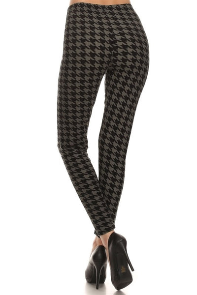 brushed fiber black & grey houndstooth print high-waisted leggings with elastic waistband, shown back view  on model