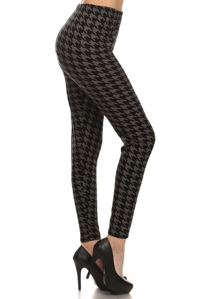 brushed fiber black & grey houndstooth print high-waisted leggings with elastic waistband, shown side view  on model