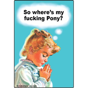"So Where's My Fucking Pony?" thought bubble text over illustrated little girl praying rectangular refrigerator magnet.