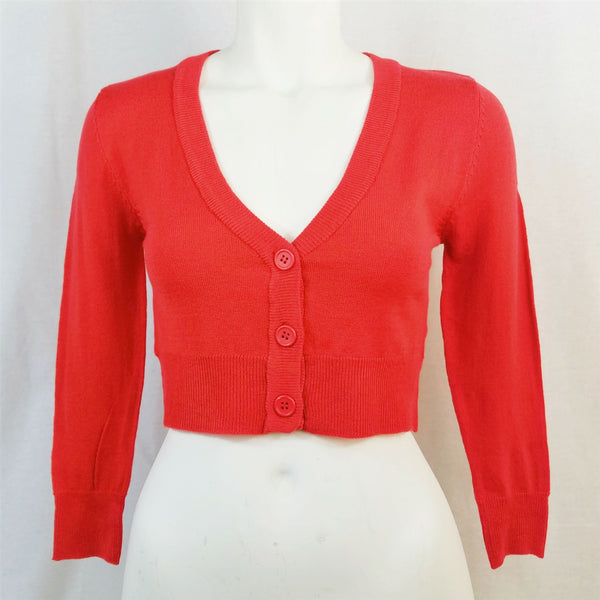 cropped length  3/4 sleeve 3-button v-neck cardigan in bright tomato red