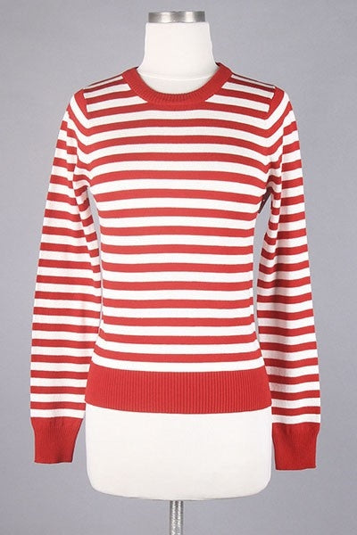 Red & White Striped Crew Neck Sweater