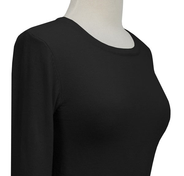 black fitted pullover sweater in a slightly cropped length with crew neck and 3/4 sleeves, shown close-up on dress form
