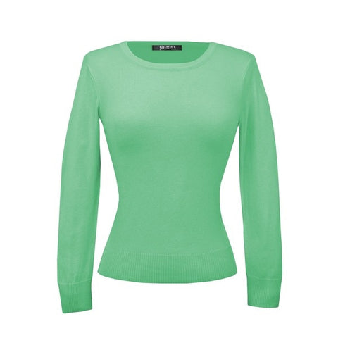fitted pullover sweater in a slightly cropped length with crew neck and 3/4 sleeves in bright mint green