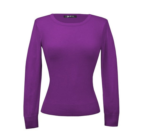 fitted pullover sweater in a slightly cropped length with crew neck and 3/4 sleeves in bright purple