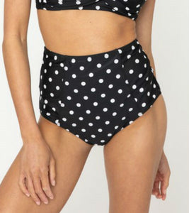 black & white polka dot retro-style high waisted swim bottoms, shown on model