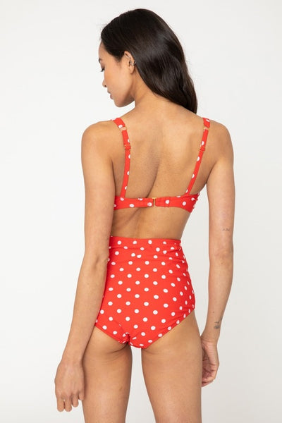 bright red & white polka dot retro-style high waisted swim bottoms, shown back view on model