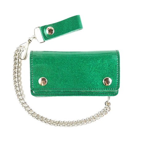 6.25" x 3.5" snap closure wallet in soft and durable emerald green glitter vinyl, with detachable 12" heavy duty silver metal chain