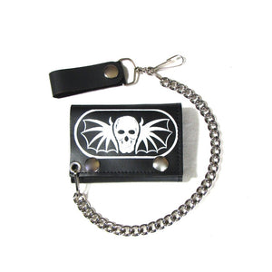 black leather tri-fold snap closure wallet with printed white skull with bat wings on front flap and detachable silver metal curb link chain