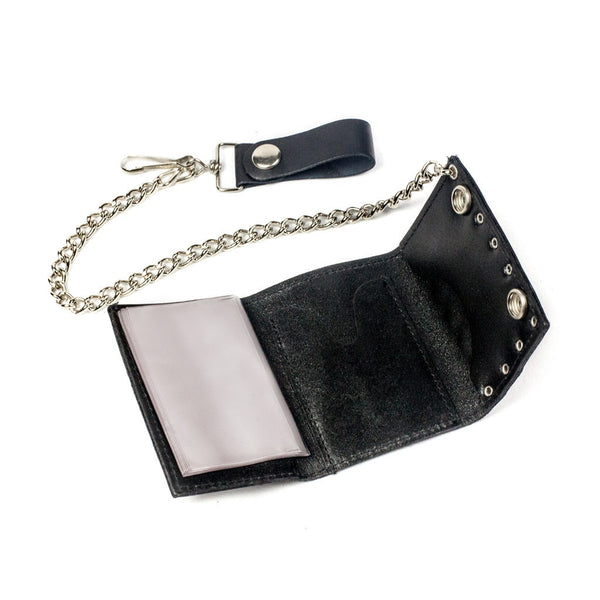black leather tri-fold wallet with allover rivet studs, two snap closure, and detachable 12" silver metal curb link chain, interior
