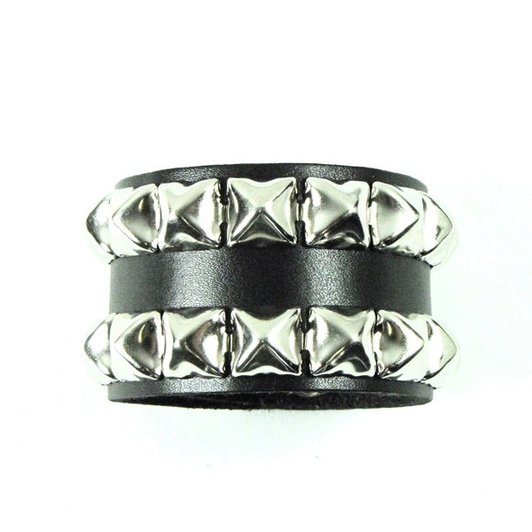 thick black leather 1 5/8" wide adjustable wristband with 2 rows of 1/2" silver metal pyramid studs and heavy duty snap closure