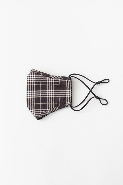 black & creamy white plaid print cotton shaped double layer face mask with adjustable black ear loops