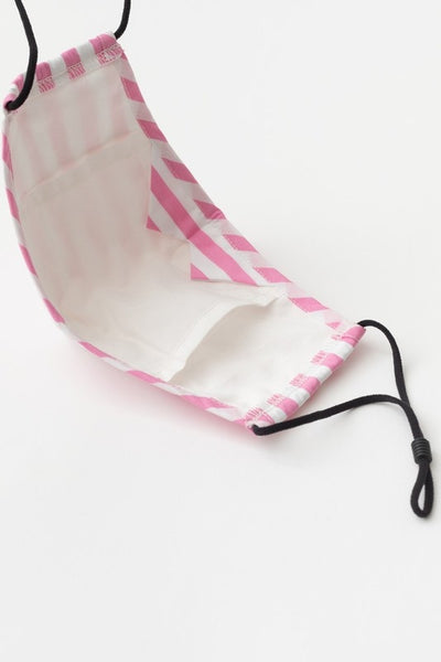 pink and white horizontal stripe print cotton shaped double layer face mask with adjustable black ear loops, showing white lining