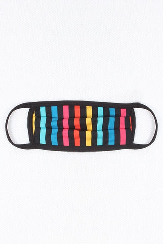 black & multi-color vertical stripe poly/cotton blend knit face mask with black trim and ear loops