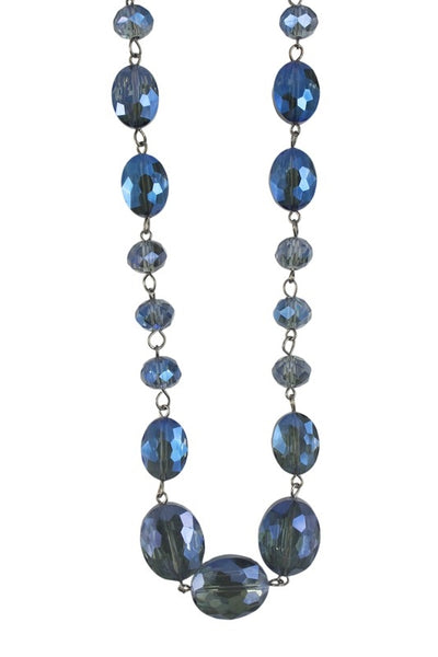 multi-shape blue faceted glass linked bead strand necklace in 42" length
