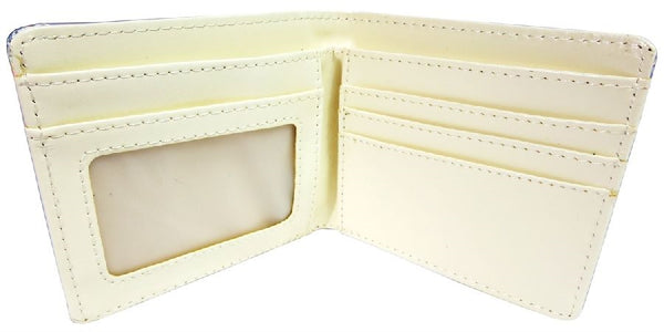 vinyl bi-fold wallet with Union Jack print on front and back, showing cream interior with ID pocket and credit card slots