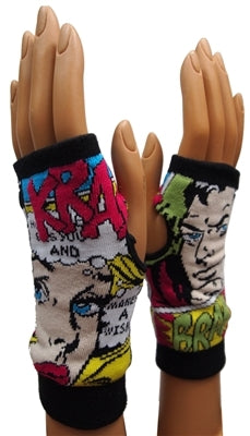pair colorful retro comic print knit-in design arm warmers with black borders, shown on mannequin hands