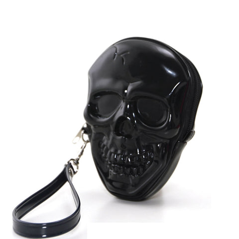 Flexible hard black two-sided smiling skull zip closure wristlet purse