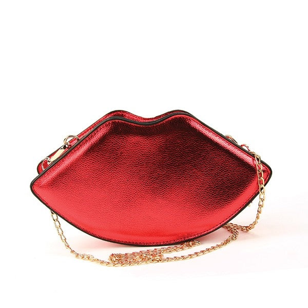 10" metallic red lips vinyl clutch purse with detachable gold metal chain strap and zipper closure