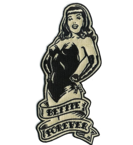 6 7/8" black & cream embroidered patch of Pin-up Queen Bettie Page illustrated in classic tattoo style above a banner reading "Bettie Forever"