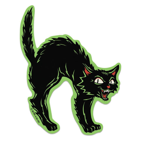Vintage Halloween inspired "Scaredy Cat" black cat arched back die-cut vinyl sticker 4 3/8" x 5 7/8"